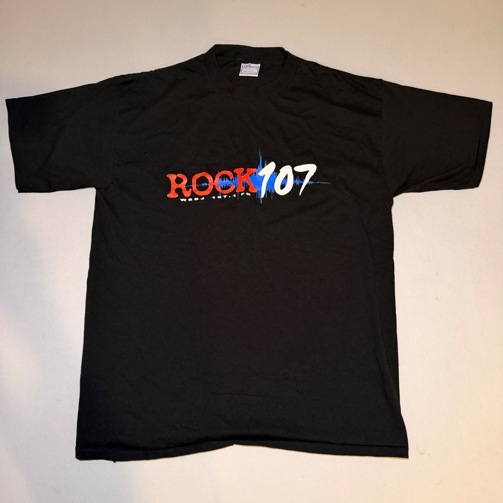 Vtg Rock 107 FM Radio Station Shirt Mens XL Black All Sport Single Stitch 90s